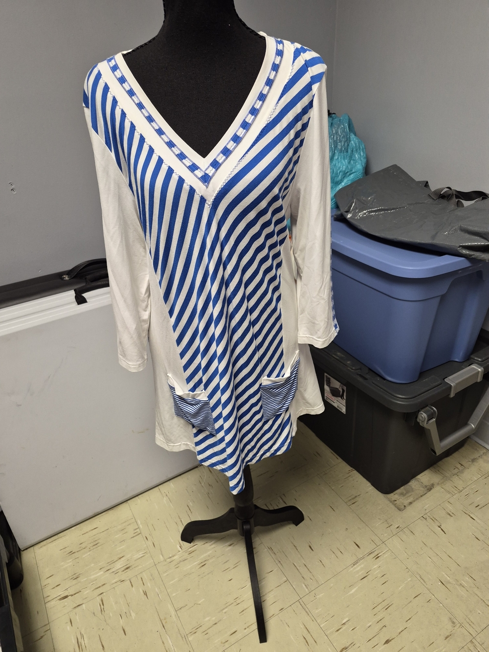 Blue and White Striped V-Neck Tunic with Front Pockets